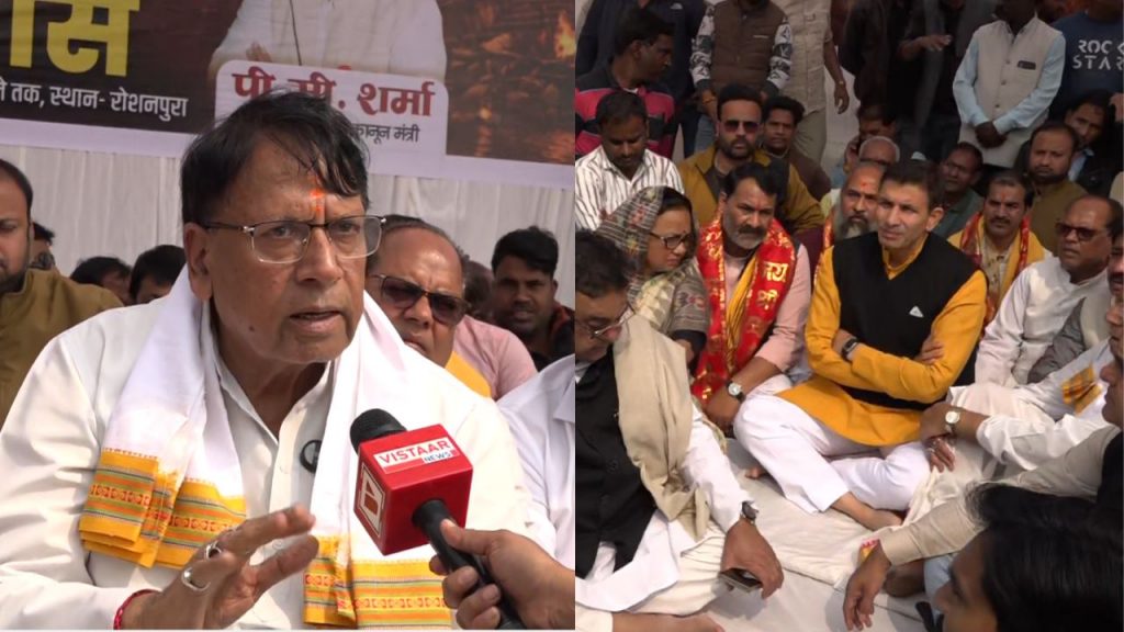 Former minister PC Sharma and PCC chief Jitu Patwari.