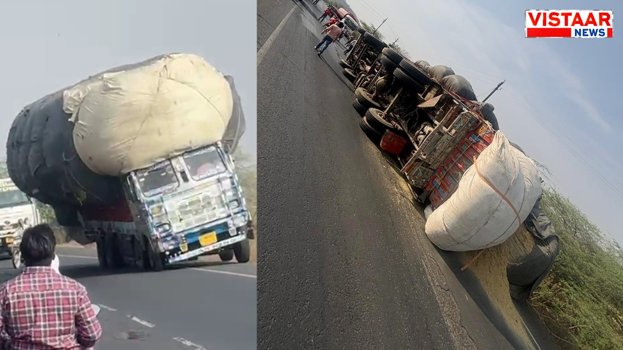 The truck kept running diagonally on the highway.