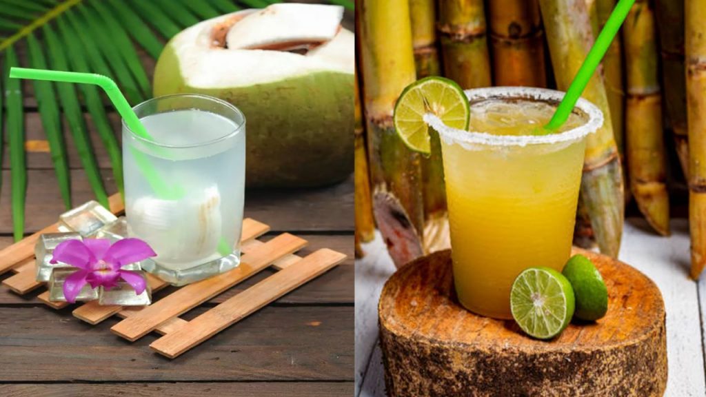 sugarcane juice and coconut water