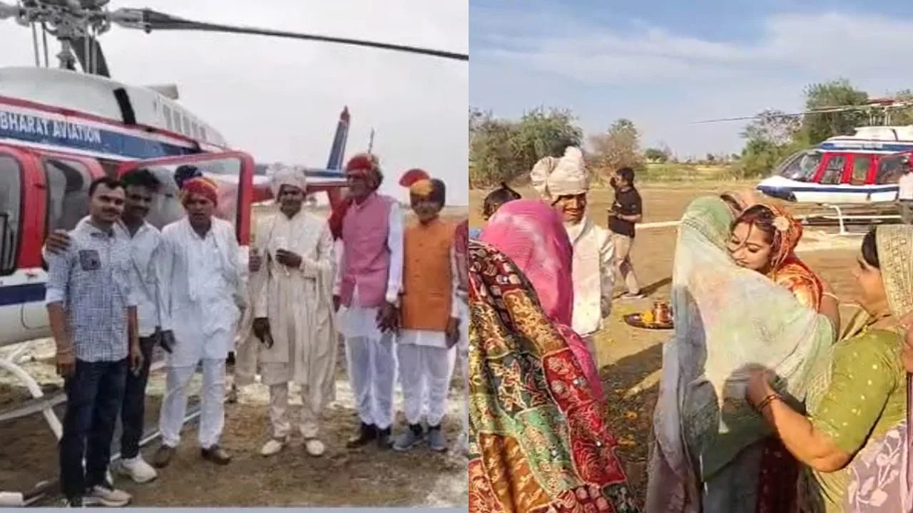 To fulfill his grandfather's dream, a grandson arrived to give the bride a send-off in a helicopter.