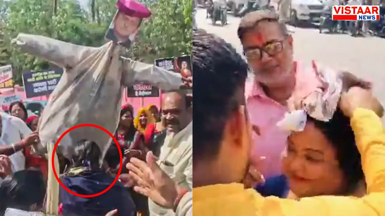BJP MLA Anupama Jaiswal herself got burnt while burning the effigy of Akhilesh Yadav.