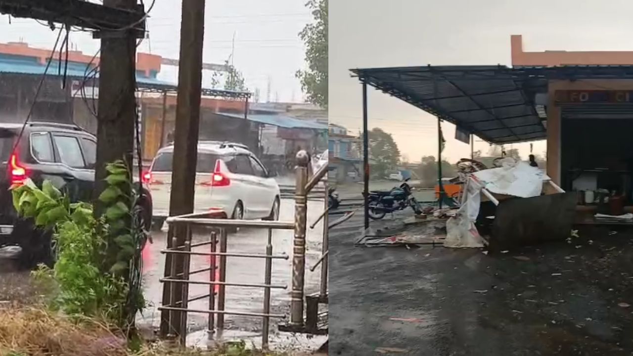 Due to heavy rain and storm in Seoni, the tin shed of a shop was blown away.