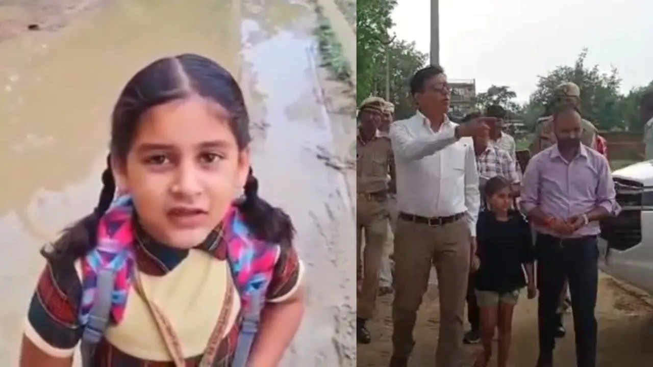 District Magistrate inspecting the road with a 6-year-old girl in Lakhimpur, UP.