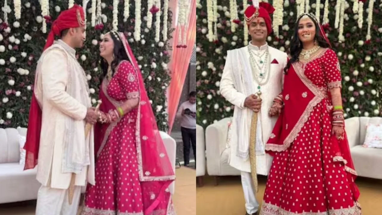Wedding photos of a retired judge's son and daughter-in-law.