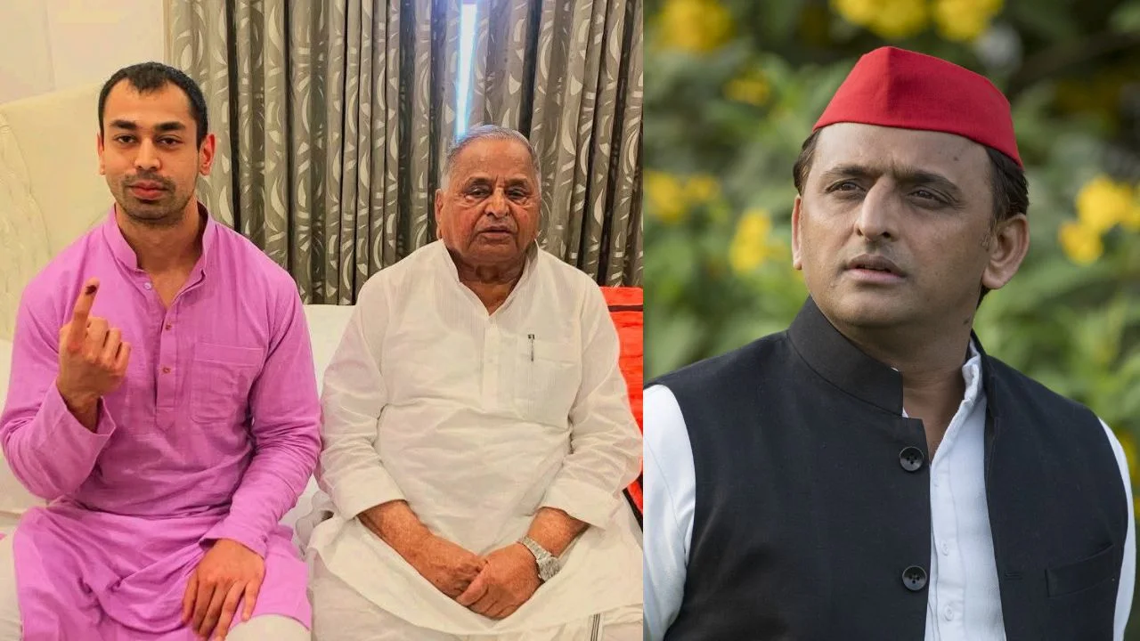 प्रतीक यादव पिता मुलायम के साथ और अख‍िलेश यादव