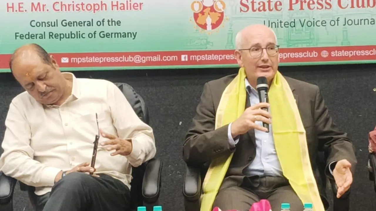 German Consul General Christoph Hallier addressing an audience in Indore.